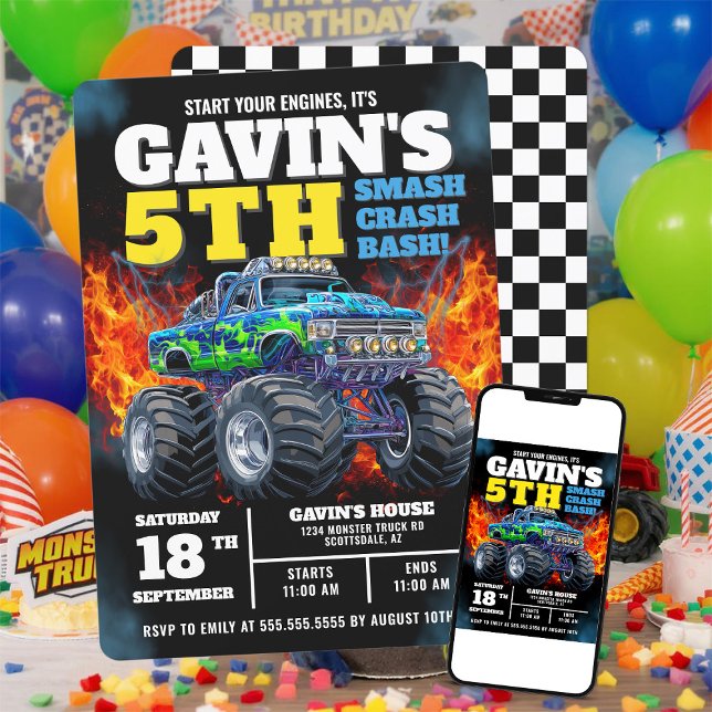 Invitation Monster Truck Cool bleu 5e anniversaire Personnali (Créateur téléchargé)