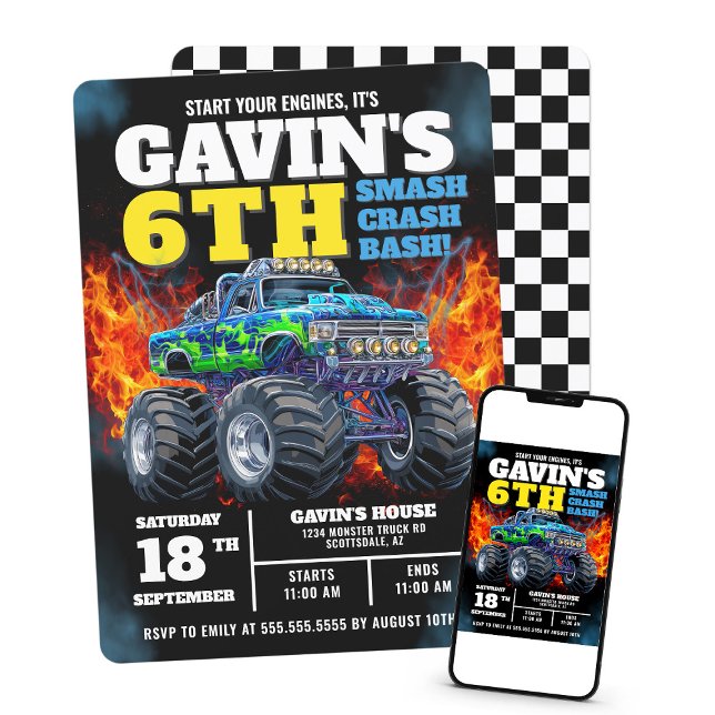 Invitation Monster Truck Cool Bleu 6e anniversaire Personnali (Créateur téléchargé)