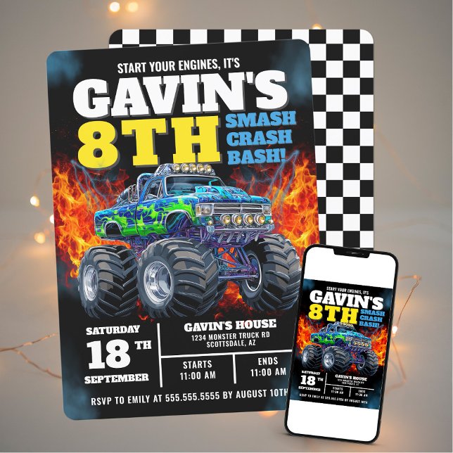 Invitation Monster Truck Cool Bleu 8e anniversaire Personnali (Créateur téléchargé)