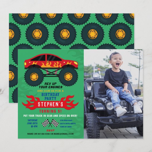 Invitation Monster Truck Flames Anniversaire Flames Big Photo (Devant / Derrière)