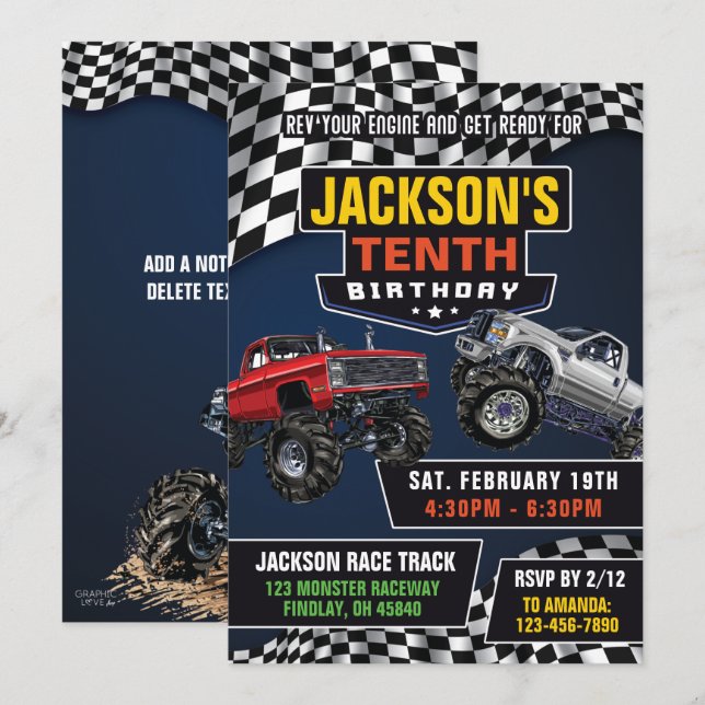 Invitation Monster Truck Jam fête d'anniversaire, n'importe q (Devant / Derrière)