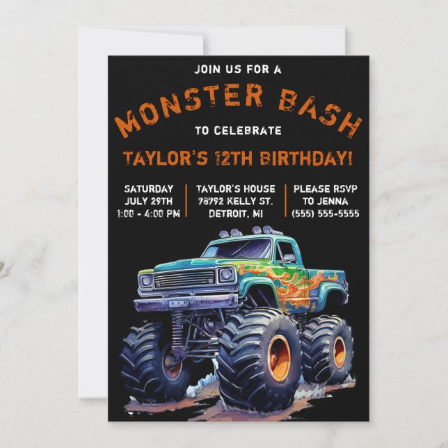 Invitation Monster Truck, Monster Bash fête d'anniversaire (Devant)