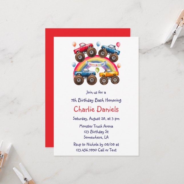 Invitation Monster Truck Rainbow Boy Age Anniversaire Bash (Devant/Arrière en situation)