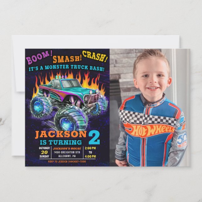 Invitation Monster Truck Smash Crash Boy Photo Anniversaire (Devant)