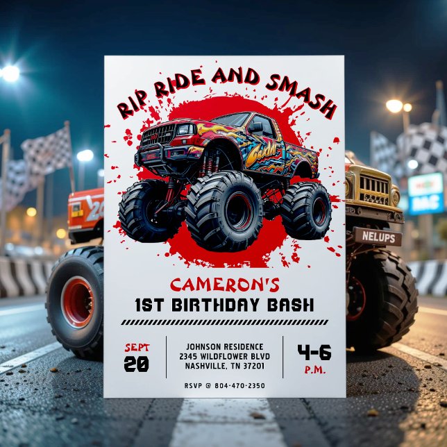 Invitation Monster Truck Smash Red 1er anniversaire fête (Monster Truck Smash Red 1st Birthday Party Invitation
)