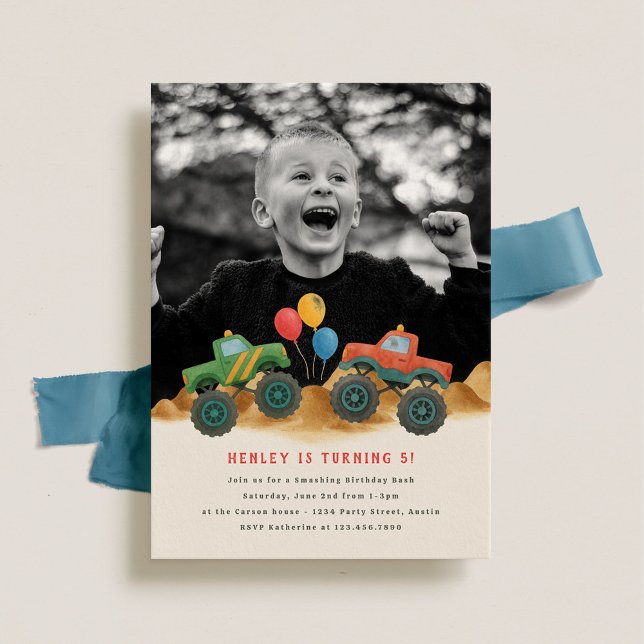 Invitation Monster Truck Watercolor Enfants Photo Anniversair (Créateur téléchargé)