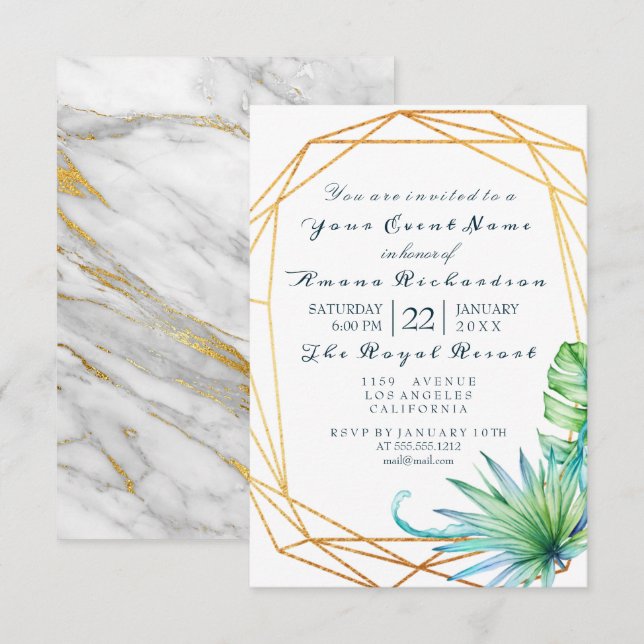 Invitation Monstera Blanc Tropic Marbre Or Anniversaire Marié (Devant / Derrière)