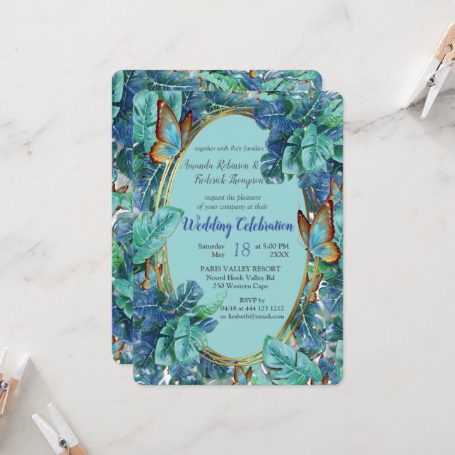 Invitation Monstera bleu turquoise Feuilles et papillons (Devant/Arrière en situation)