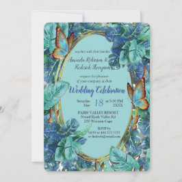 Invitation Monstera bleu turquoise Feuilles et papillons