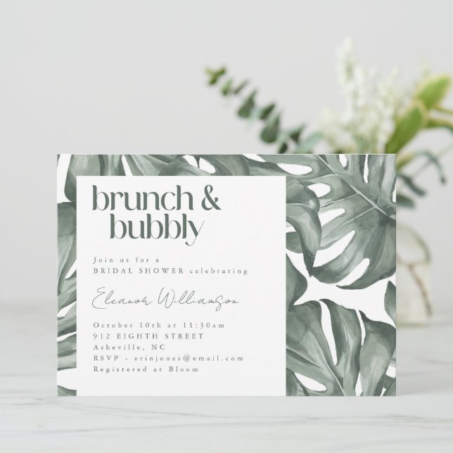 Invitation Monstera Botanique Aquarelle Vert Brunch Bubbly (Debout devant)