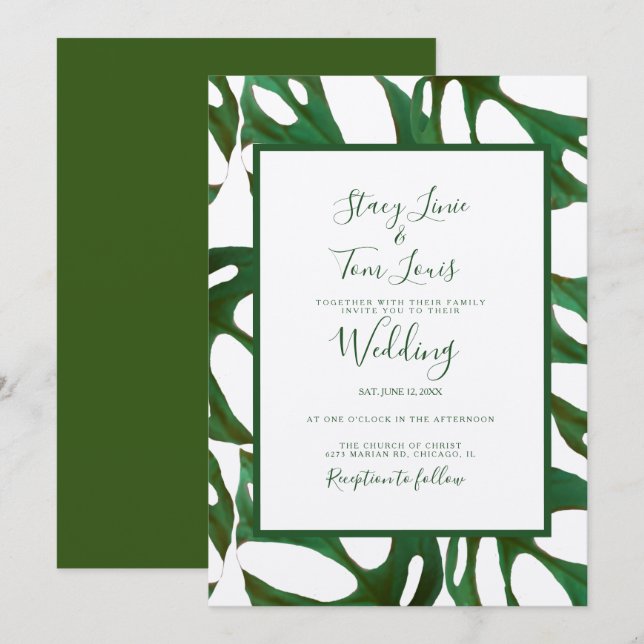 Invitation Monstera Botanique Feuille verte Mariage Brown (Devant / Derrière)
