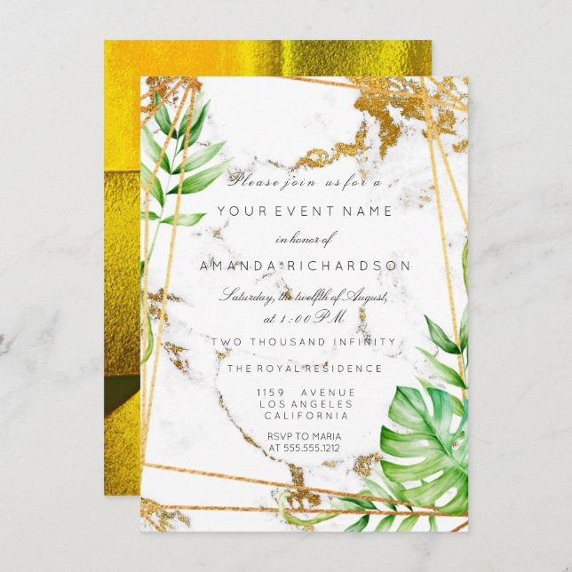 Invitation Monstera Gold Frame Verdure Marbre Tropical Lux (Devant / Derrière)