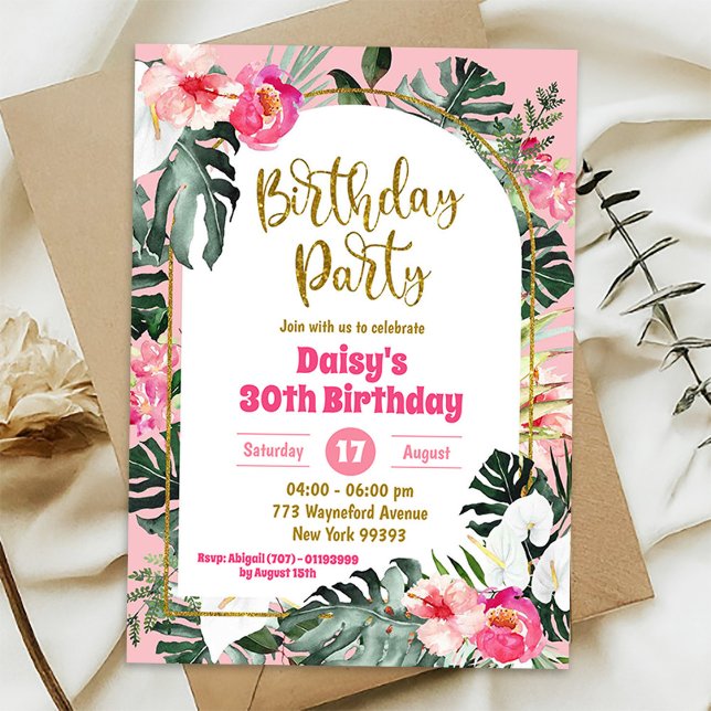 Invitation Monstera rose Tropical Hawaiian Birthday Party (Créateur téléchargé)
