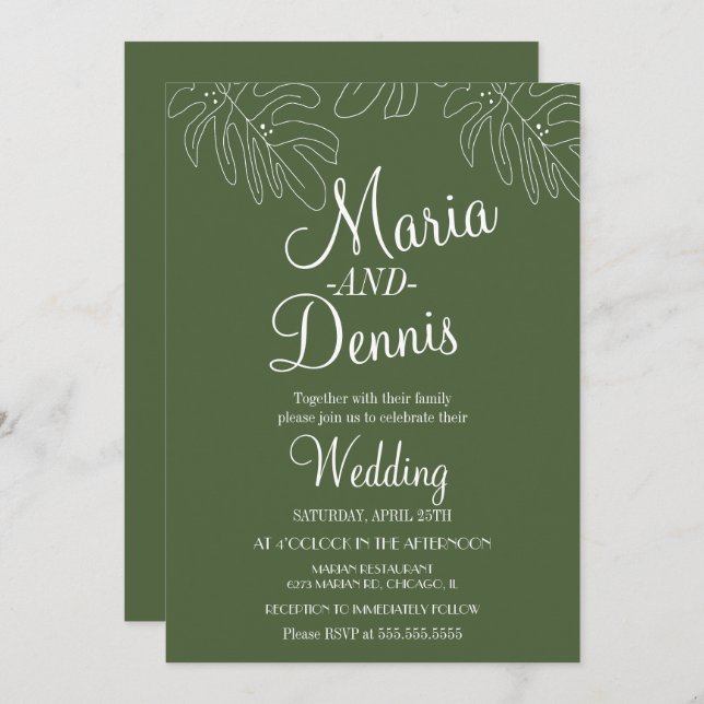 Invitation Monstera simple ligne à main Illustration verte (Devant / Derrière)