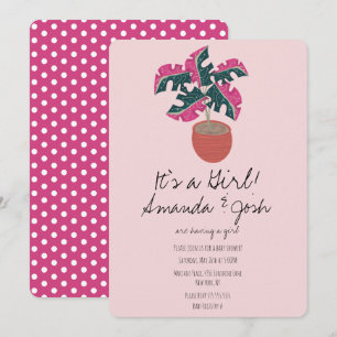 Invitation Monstera Tropical Pink Dots Baby shower filles