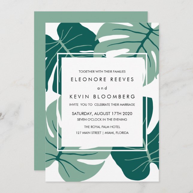 Invitation Monstera | Vert | Tropical Feuille Frame Mariage (Devant / Derrière)