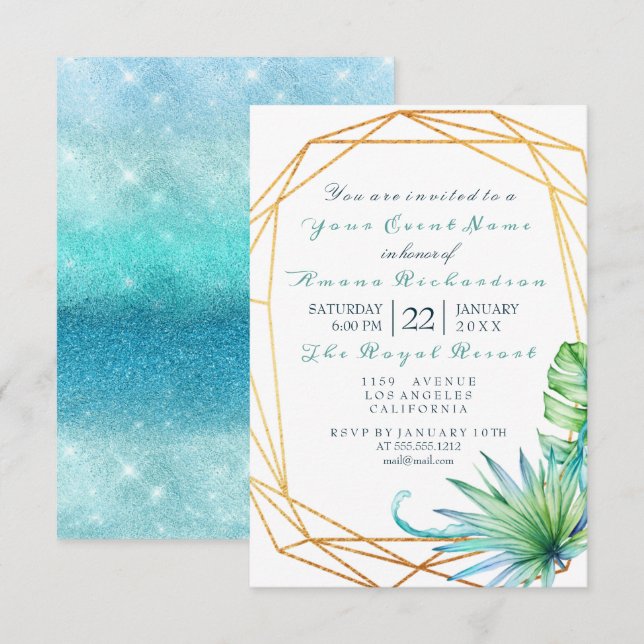 Invitation Monstera White Tropic Ocean Gold Anniversaire (Devant / Derrière)