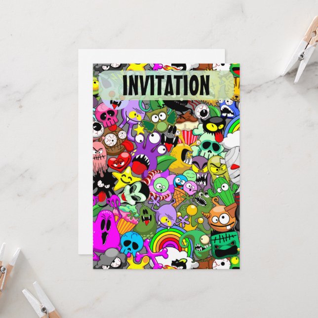 Invitation Monstres caractères mignons Motif d'Halloween (Devant/Arrière en situation)