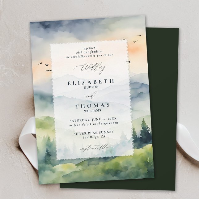 Invitation Montagnes Sunrise Dream Deckle Mariage (mountains wedding invitation romantic sunrise rustic outdoors forest pine birds landscape watercolor)
