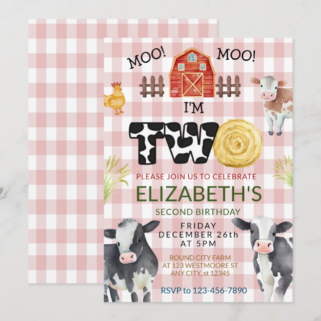 Invitation Moo Moo Im Two Cow 2e anniversaire (Devant / Derrière)