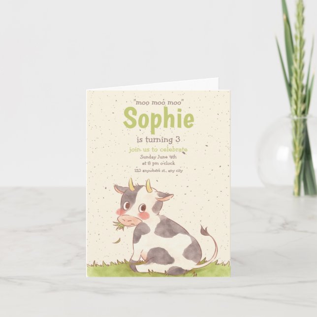 Invitation Moo Moo Moo Green Cute Cow Minimaliste Anniversair (Devant)