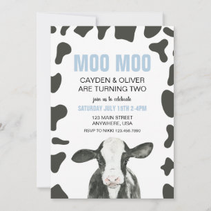 Invitation Moo Moo nous avons deux ans Anniversaire carreaux