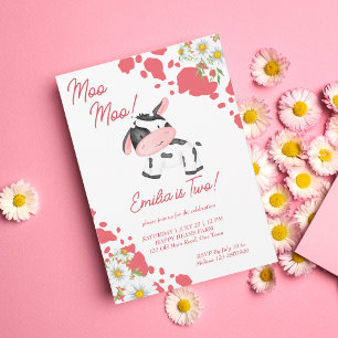 Invitation Moo moo rose motif mignonne fête d'anniversaire de