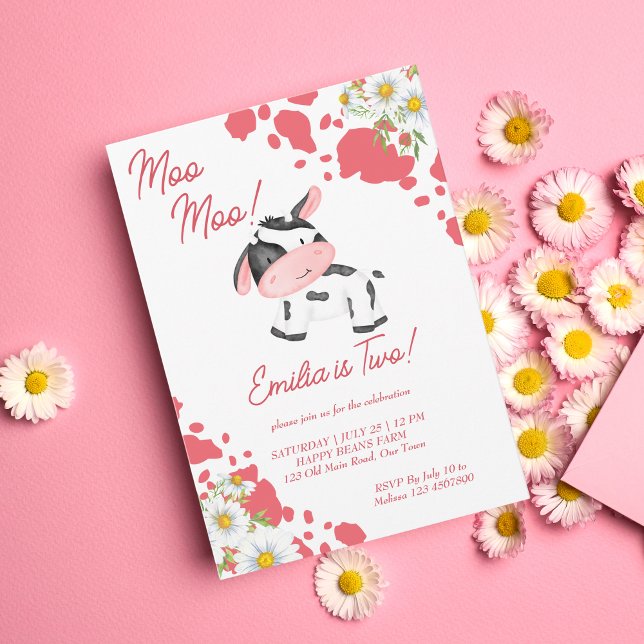 Invitation Moo moo rose motif mignonne fête d'anniversaire de (Créateur téléchargé)