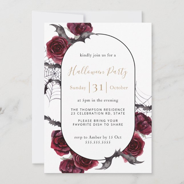 Invitation Moody Arch Floral Bourgogne Black Halloween Party (Devant)