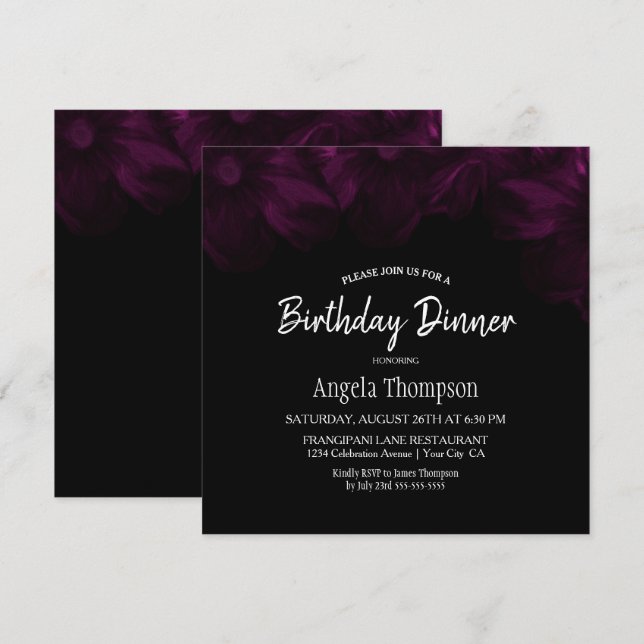Invitation Moody Black avec rose Floral Anniversaire Dîner (Devant / Derrière)