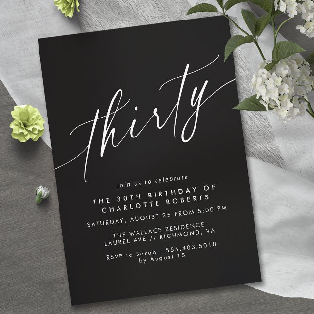 Invitation Moody Black | Élégant Script moderne 30e anniversa (Créateur téléchargé)