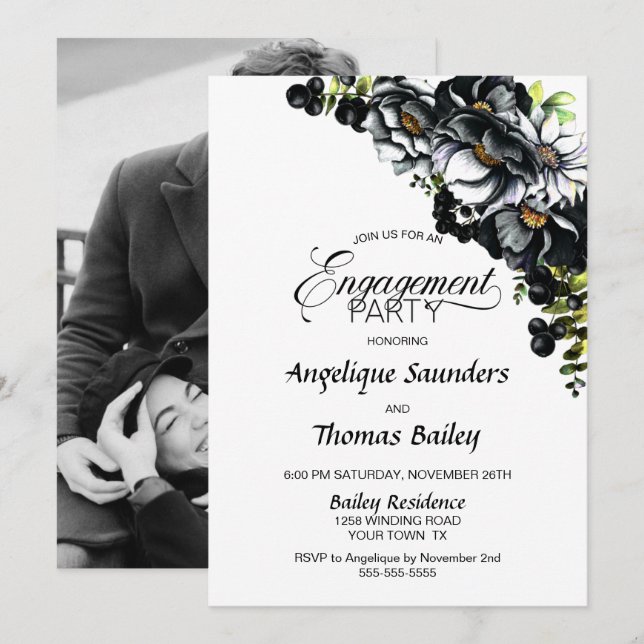 Invitation Moody Black Floral Custom Photo Party (Devant / Derrière)