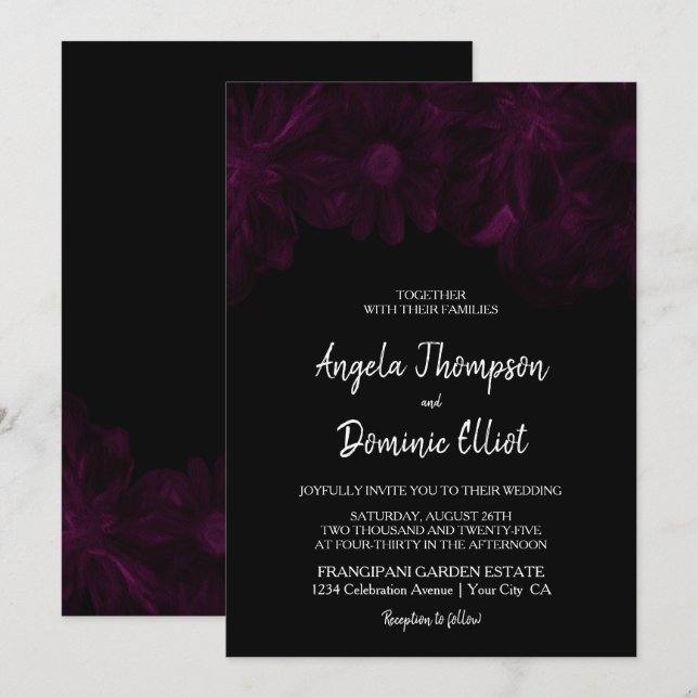 Invitation Moody Black Floral Mariage (Devant / Derrière)