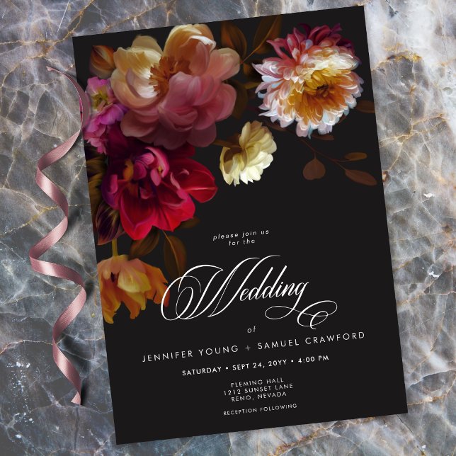 Invitation Moody Black Floral Painterly Red Burgundy Wedding (Moody Black Floral Painterly Red Burgundy Wedding Invitation)