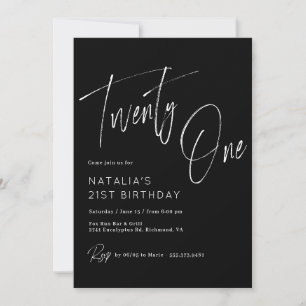 Invitation Moody Black   Script moderne de brosse 21e anniver