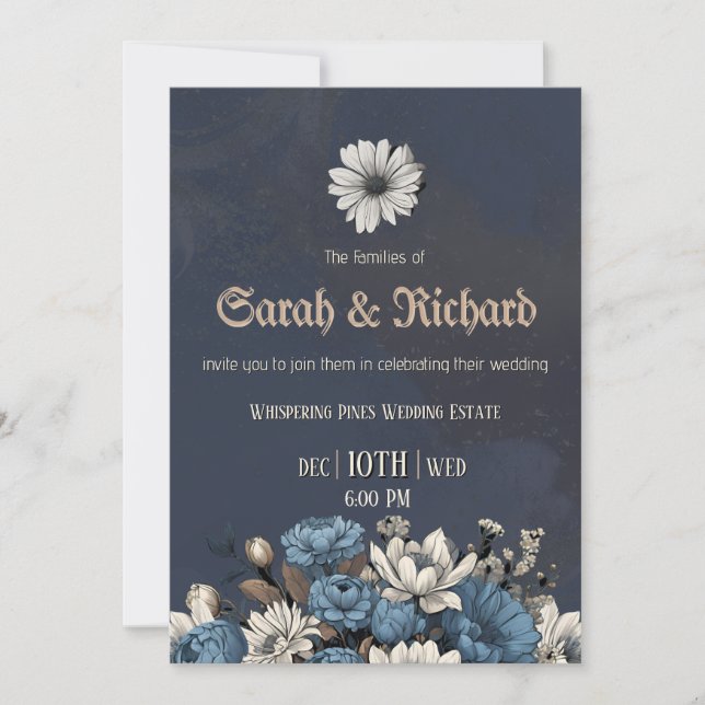 Invitation Moody Blue Floral Mariage photo personnalisé (Devant)