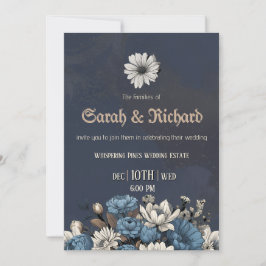 Invitation Moody Blue Floral Mariage photo personnalisé