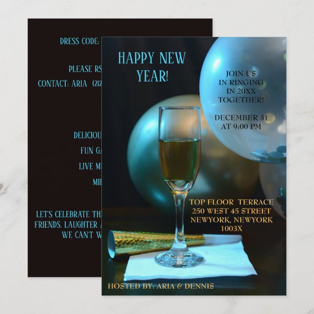 Invitation Moody Blue New Year Champagne Flute (Devant / Derrière)