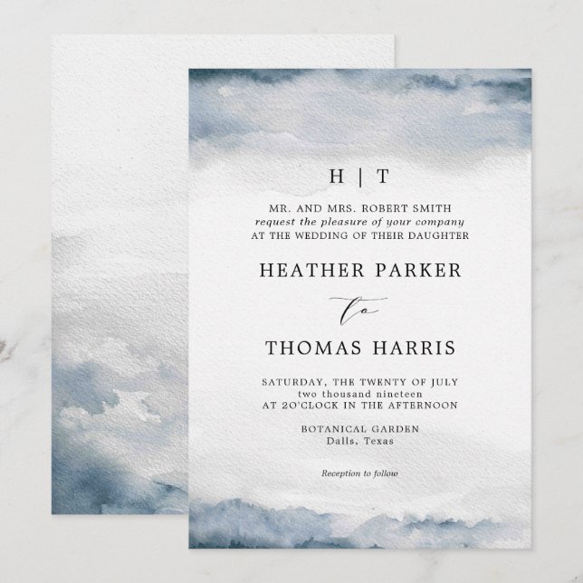 Invitation Moody Blue Watercolor Classique Mariage élégant (Devant / Derrière)