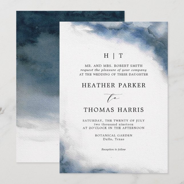 Invitation Moody Blue Watercolor Classique Mariage élégant (Devant / Derrière)