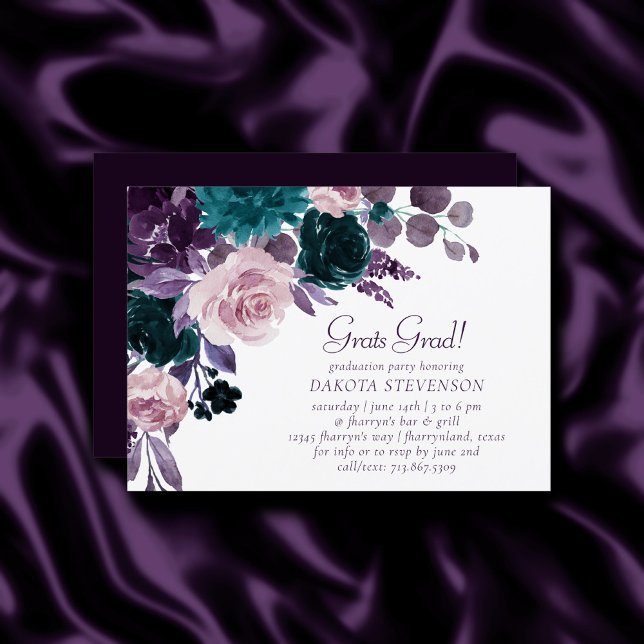 Invitation Moody Boho | Eggplant Purple Floral Graduation (Créateur téléchargé)