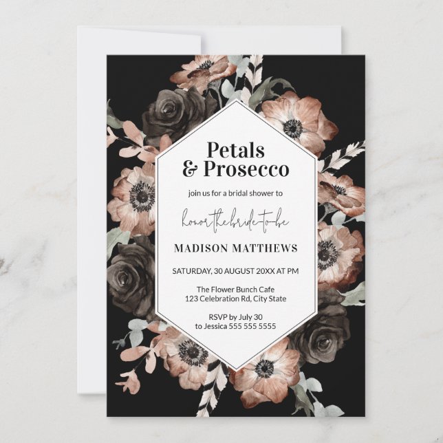 Invitation Moody Boho Floral Rose & Black Fête des mariées (Devant)