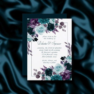 Invitation Moody Boho Turquoise Floral Argent Frame Mariage