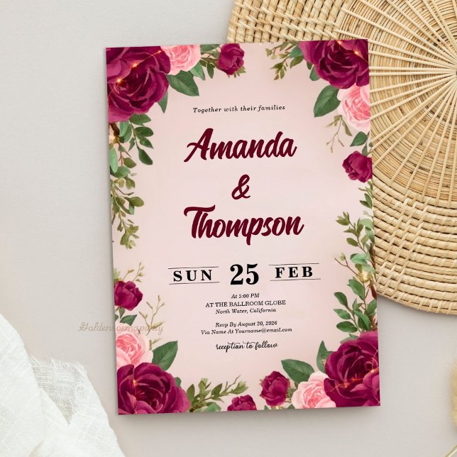 Invitation Moody Burgundy and Blush Floral Wedding (Moody Burgundy and Blush Floral Wedding Invitation)