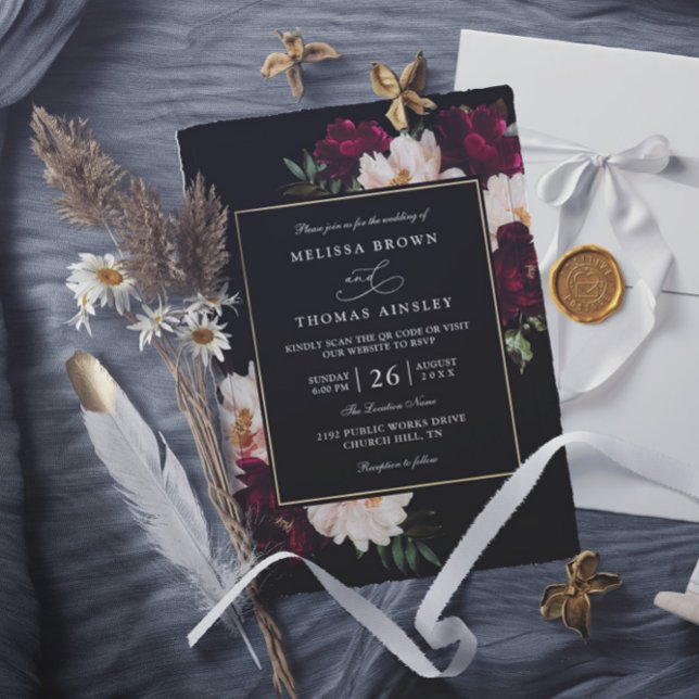 Invitation Moody Burgundy Blush Floral QR Code Wedding (Créateur téléchargé)