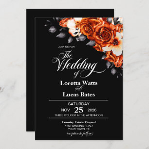 Invitation Moody Burnt Orange Rose Floral Black Mariage