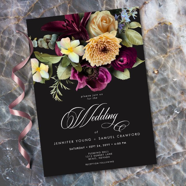Invitation Moody Dark Floral Black Burgundy Romantic Wedding (Moody Dark Floral Black Burgundy Romantic Wedding Invitation)