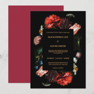Invitation Moody Dark Red Floral Black Custom Request Mariage