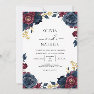 Invitation Moody Floral Bourgogne Mariage de la marine