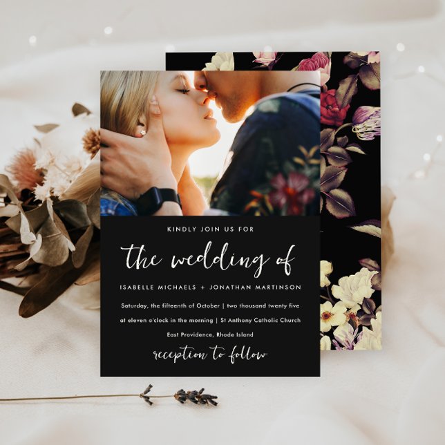 Invitation Moody Floral Pattern Mariage photo (Elegant moody floral wedding invitation features lovely vintage look flowers on a black background.)